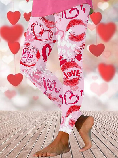 Women's Leggings Polyester Heart Black Pink Active High Waist Long Valentine's Day Festival Spring