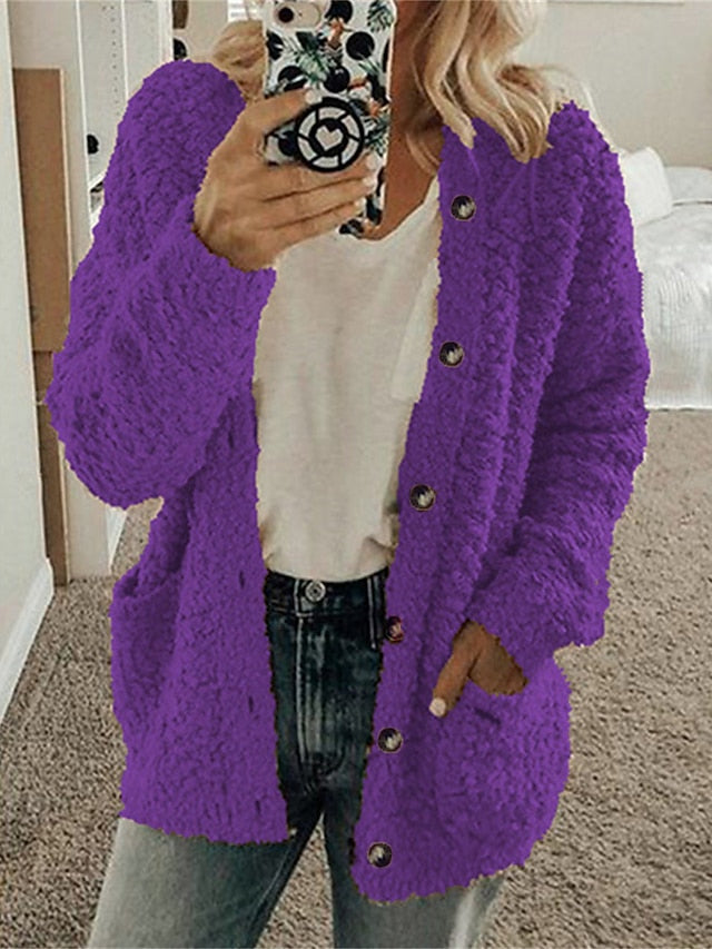 Women's Cardigan Sweater Cowl Ribbed Knit Polyester Pocket Fall Winter Home Daily Holiday Stylish Casual Soft Long Sleeve Solid Color Maillard Black White Pink S M L