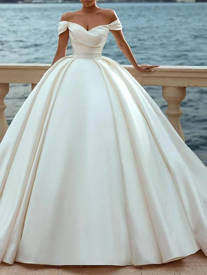 Engagement Formal Wedding Dresses Ball Gown Off Shoulder Cap Sleeve Court Train Satin Bridal Gowns With Ruched Solid Color 2023 Summer Wedding Party, Women's Clothing - LuckyFash™