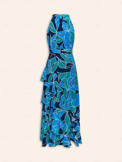 Floral Ruffle Chiffon Maxi Dress(Belt Included）