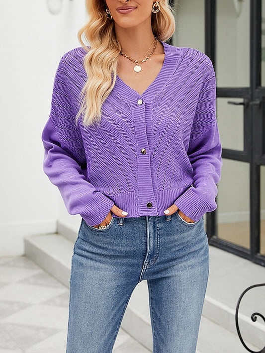 Women's Cardigan Sweater V Neck Ribbed Knit Polyester Button Summer Spring Cropped Daily Going out Weekend Stylish Casual Soft Long Sleeve Solid Color Blue Purple Green S M L