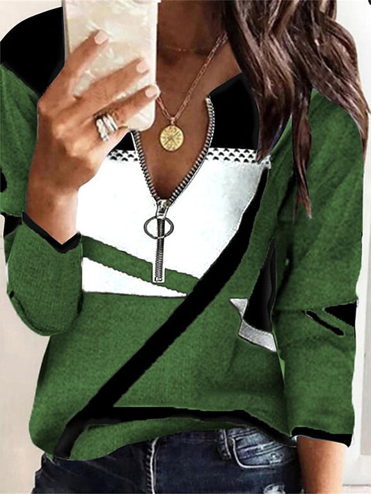 Women's Pullover Jumper Crochet Knit Zipper Geometric V Neck Stylish Casual Outdoor Daily Spring Fall Black White S M L