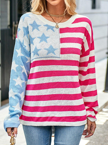 Women's Pullover Sweater Jumper Crew Neck Ribbed Knit Acrylic Patchwork Summer Spring Daily Going out Weekend Stylish Casual Soft Long Sleeve Star Striped Fuchsia Khaki S M L