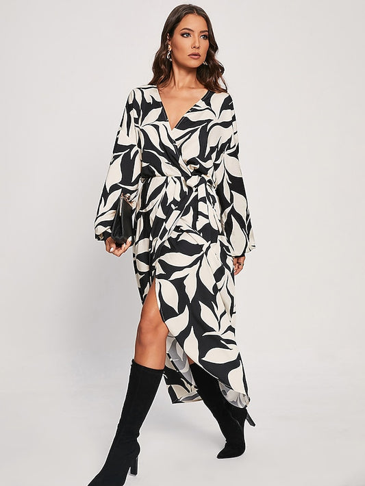 Leaf Floral Wrap Dress Tencel Midi Dress Black And White Print