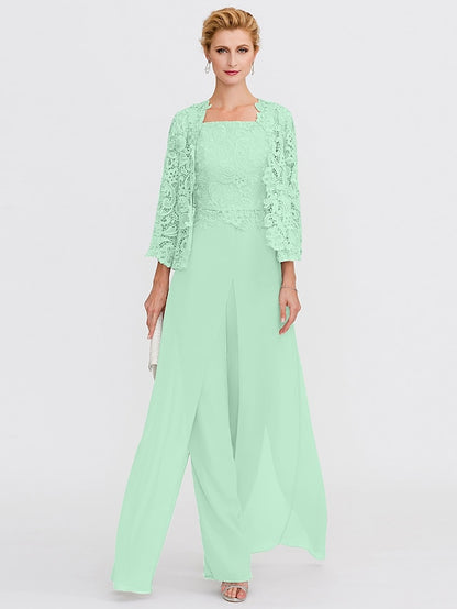 Jumpsuit / Pantsuit Mother of the Bride Dress Formal Plus Size Elegant Square Neck Floor Length Chiffon Corded Lace Sleeveless Wrap Included with Lace Appliques 2023 - LuckyFash™
