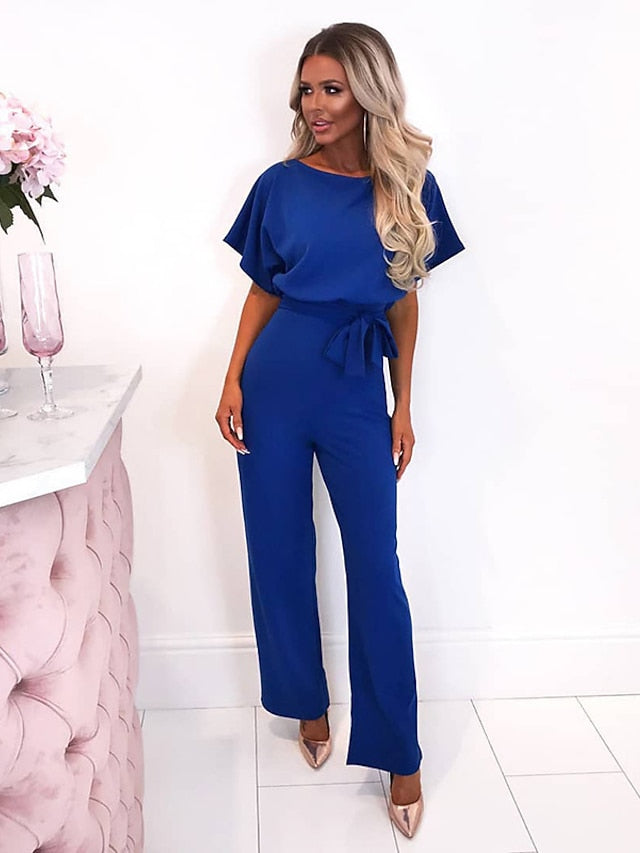 Jumpsuits for Women Summer Dressy Short Sleeve Belt Clean Fit Party Wide Leg Playsuit Long Pants Summer - LuckyFash™