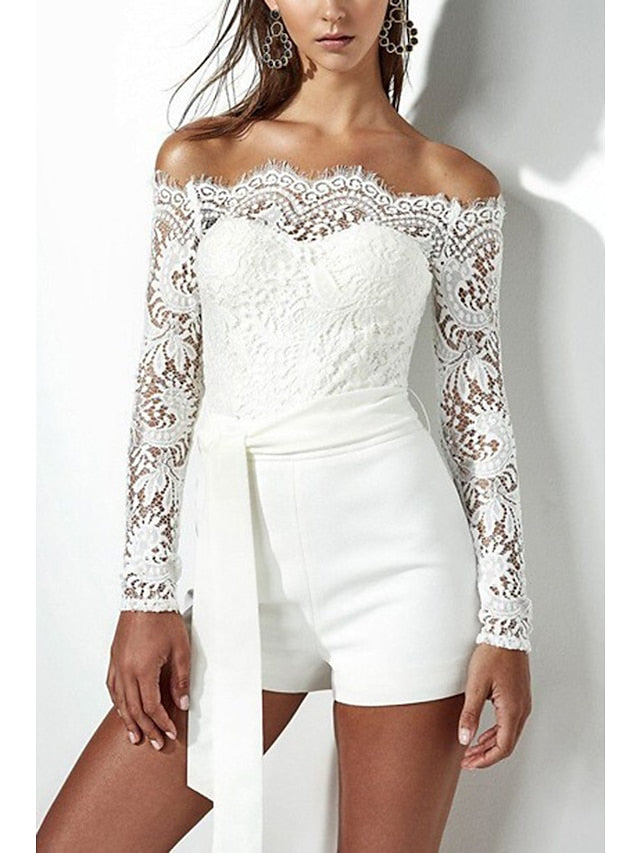 Jumpsuits for Women Sexy Romper Lace Backless Solid Color Off Shoulder Elegant Party Street Regular Fit Long Sleeve White S M L Summer - LuckyFash™