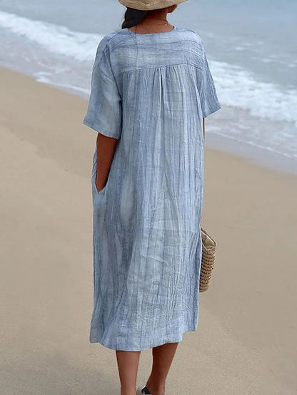 Women's Dress - Casual Dress Shift Dress Plain Dress Plain Pocket V Neck Midi Dress Fashion Basic Outdoor Daily Half Sleeve Loose Fit Blue Dark Green Summer Spring S M L XL 2XL