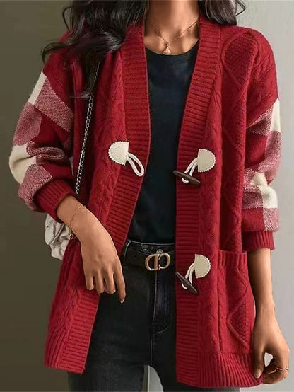 Women's Cardigan Sweater Jacket V Neck Cable Knit Acrylic Pocket Fall Winter Regular Outdoor Valentine's Day Daily Stylish Casual Soft Long Sleeve Plaid Red Navy Blue Green S M L