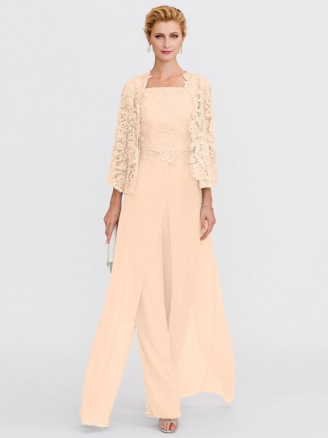 Jumpsuit / Pantsuit Mother of the Bride Dress Formal Plus Size Elegant Square Neck Floor Length Chiffon Corded Lace Sleeveless Wrap Included with Lace Appliques 2023 - LuckyFash™