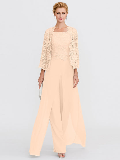 Jumpsuit / Pantsuit Mother of the Bride Dress Formal Plus Size Elegant Square Neck Floor Length Chiffon Corded Lace Sleeveless Wrap Included with Lace Appliques 2023 - LuckyFash™