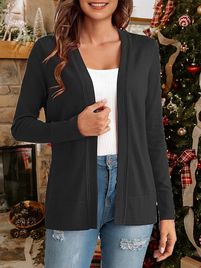 Women's Knitted Cardigan Coat Classic V Neck Long Sleeve Open Front Sweater Fall Solid Color  Cardigans Wine S M L