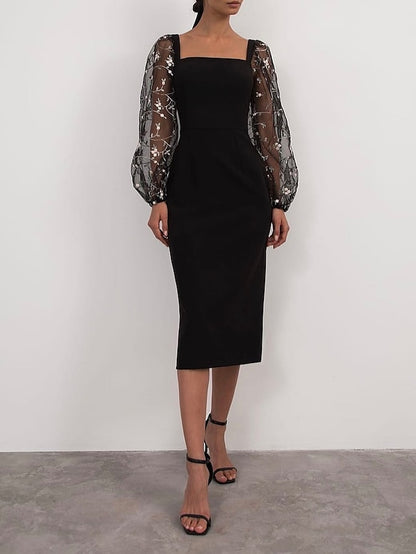 Women's Dress - Semi Formal Party Dress Sheath Dress Midi Dress Black White Long Sleeve Floral Mesh Fall Spring Square Neck Winter Dress Wedding Guest Mesh S M L XL