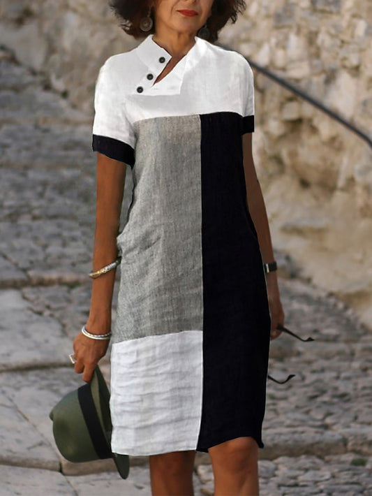 Women's Dress - Casual Dress Cotton Linen Dress Shift Dress Midi Dress Cotton Blend Modern Casual Daily Vacation V Neck Patchwork Button Short Sleeve Summer Spring 2023 Regular Fit White Color Block S M L XL