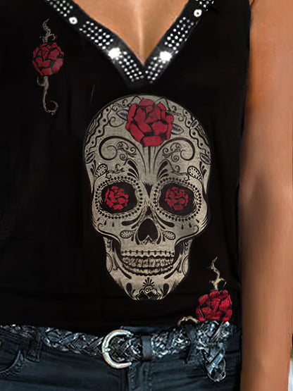 Fashion Skull Print V Neck Sleeveless Tank Top - LuckyFash™