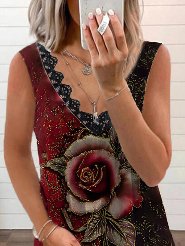 Fashion Rose Print V Neck Sleeveless Tank Top - LuckyFash™