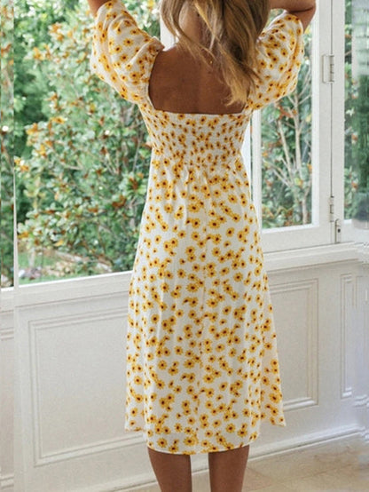 Floral Puff Sleeve Slim Slit Dress - LuckyFash™