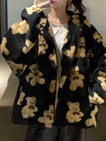 Hoodies Cartoon Bear Zip Pocket Plush Hoody - LuckyFash™