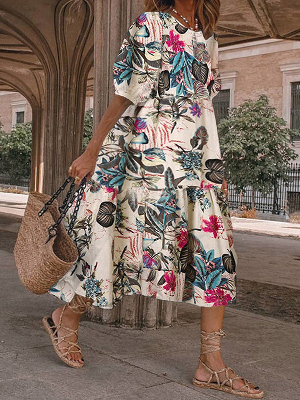 Fashion Print Round Neck 1/2 Sleeve Midi Dress - LuckyFash™