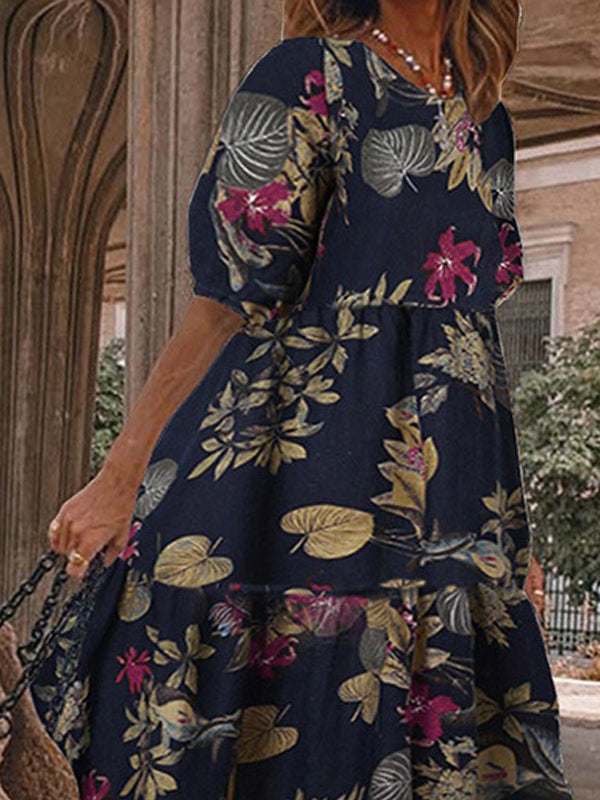 Fashion Print Round Neck 1/2 Sleeve Midi Dress - LuckyFash™