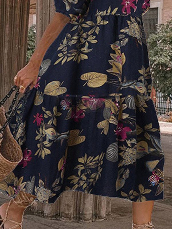 Fashion Print Round Neck 1/2 Sleeve Midi Dress - LuckyFash™