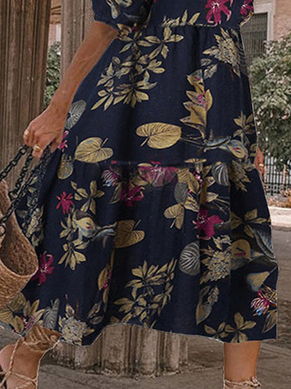 Fashion Print Round Neck 1/2 Sleeve Midi Dress - LuckyFash™