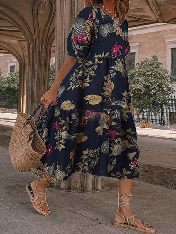 Fashion Print Round Neck 1/2 Sleeve Midi Dress - LuckyFash™