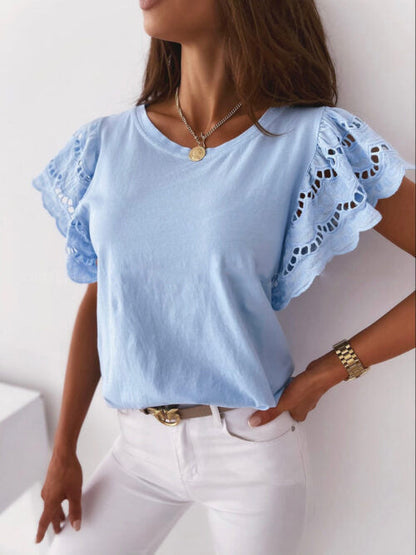 Fashion Solid Color Lace Short Sleeve Blouses - LuckyFash™