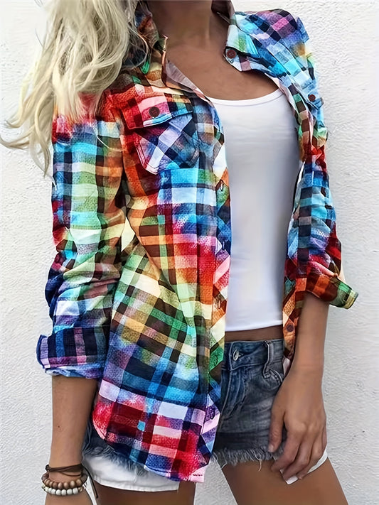 Colorful Plaid Print Shirt, Casual Long Sleeve Button Front Shirt With A Collar, Women's Clothing