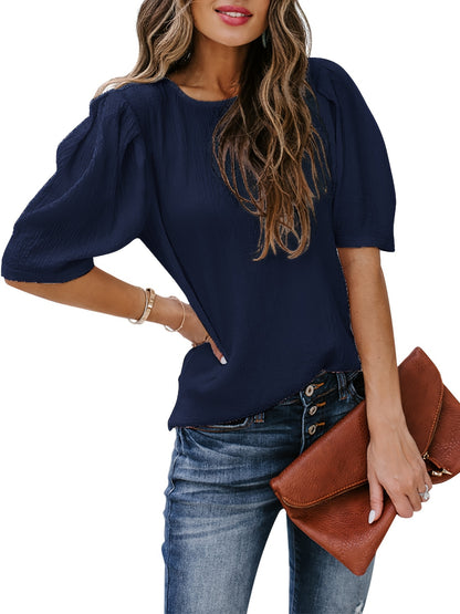 Solid Short Sleeve Blouse, Crew Neck Casual Every Day Top For Summer & Spring, Women's Clothing