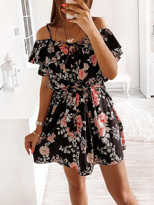 Fashion Floral Print Sling Off Shoulder Mini Dress - LuckyFash™
