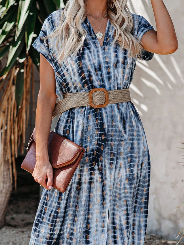 Fashion Printed V-neck Split Skirt With Belt - LuckyFash™