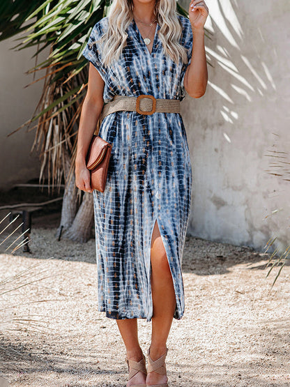 Fashion Printed V-neck Split Skirt With Belt - LuckyFash™