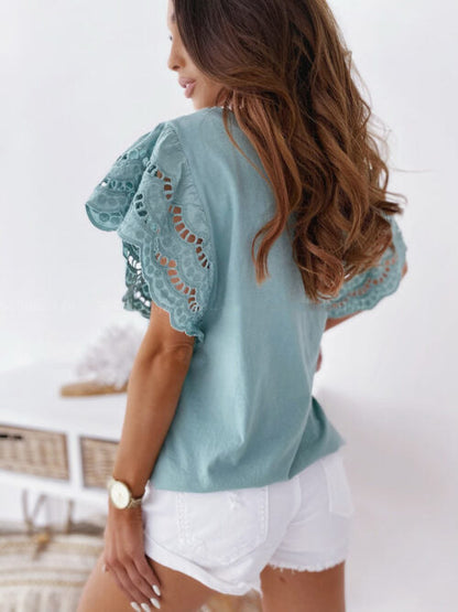 Fashion Solid Color Lace Short Sleeve Blouses - LuckyFash™