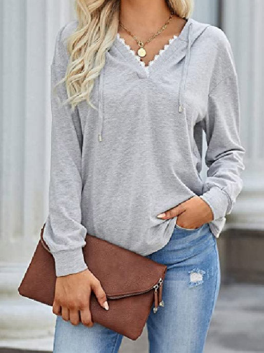 Women's Hoodies Casual Lace V-Neck Long Sleeve Hoodie - LuckyFash™
