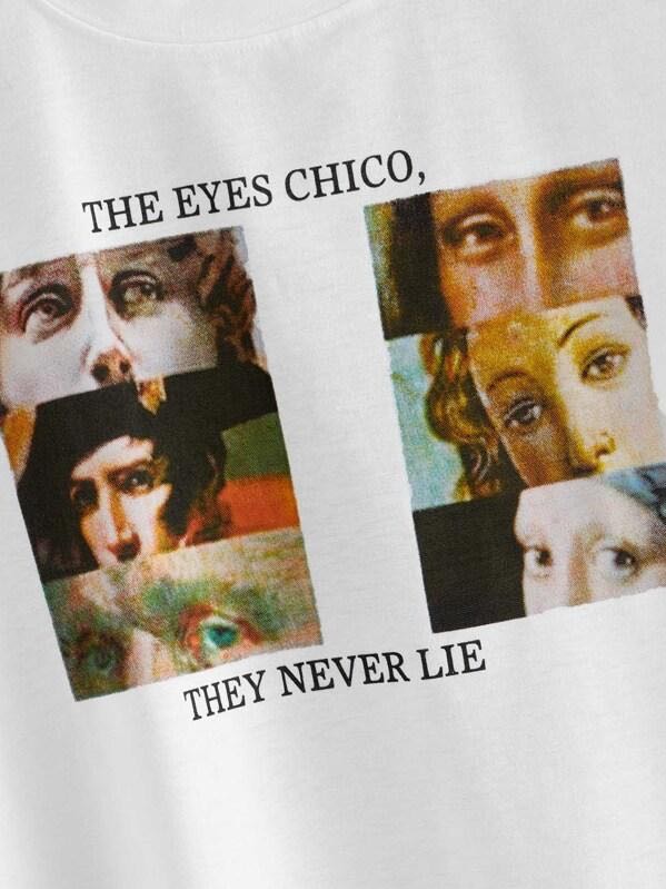 Figure & Letter Print Round Neck Tee - LuckyFash™