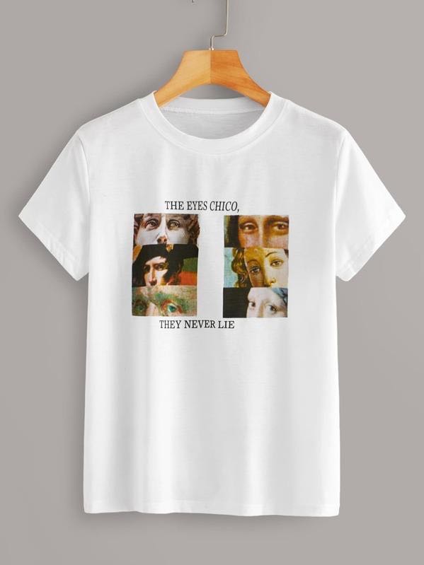 Figure & Letter Print Round Neck Tee - LuckyFash™