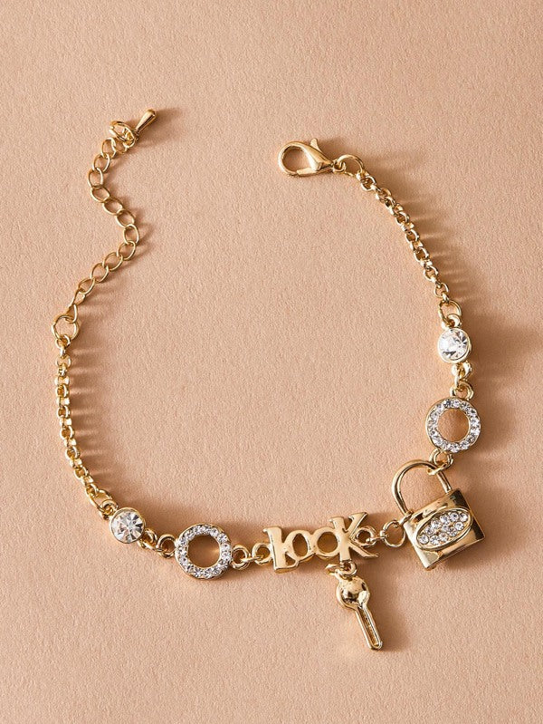 1pc Rhinestone Decor Lock & Key Charm Bracelet - LuckyFash™