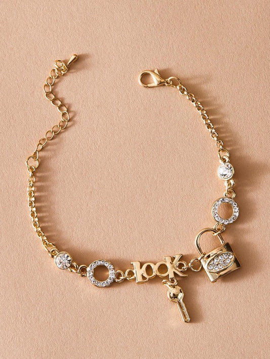 1pc Rhinestone Decor Lock & Key Charm Bracelet - LuckyFash™