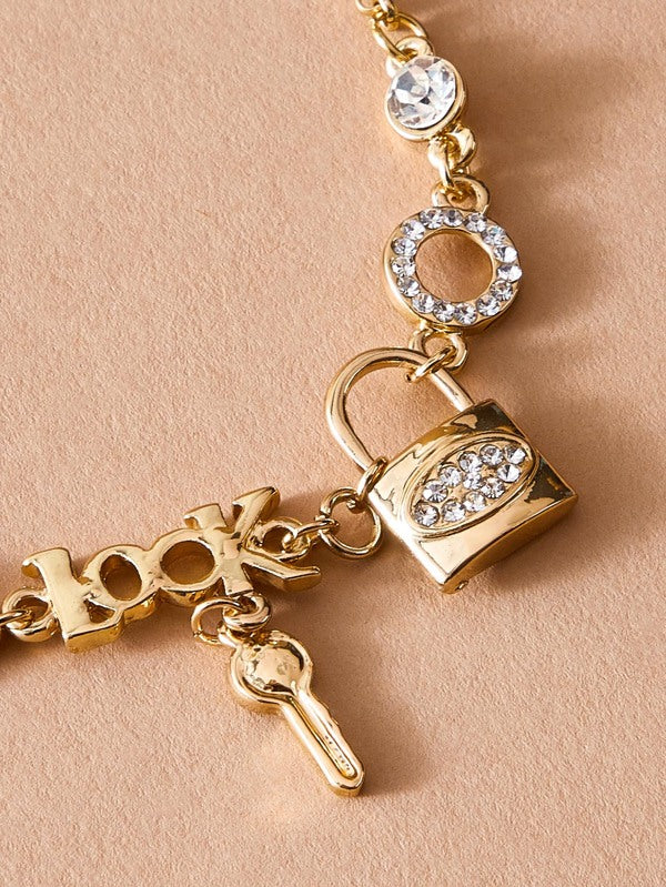 1pc Rhinestone Decor Lock & Key Charm Bracelet - LuckyFash™