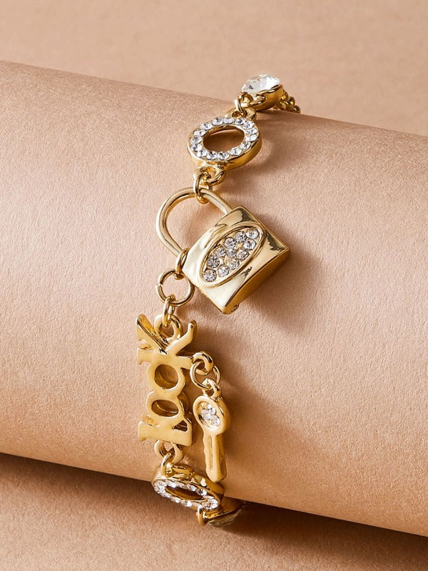 1pc Rhinestone Decor Lock & Key Charm Bracelet - LuckyFash™