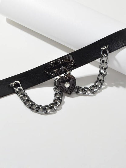 Black Gothic Ajustable Pu Leather Choker Collar Necklace With Heart Pendant - LuckyFash™