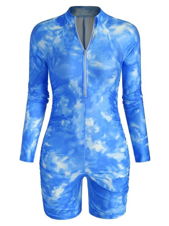 Half Zip Tie Dye Ruched Cycling Romper - LuckyFash™
