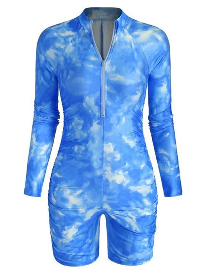 Half Zip Tie Dye Ruched Cycling Romper - LuckyFash™