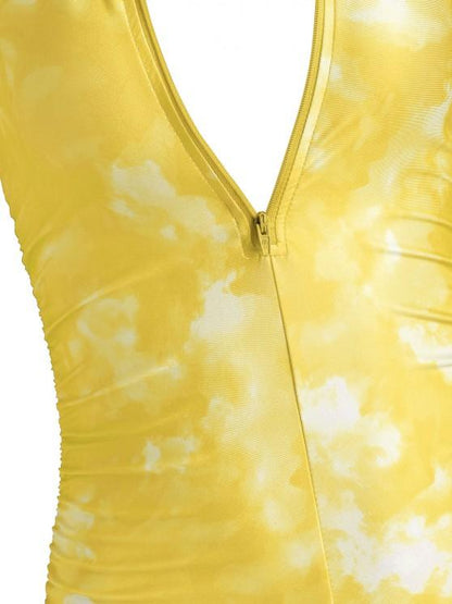 Half Zip Tie Dye Ruched Cycling Romper - LuckyFash™