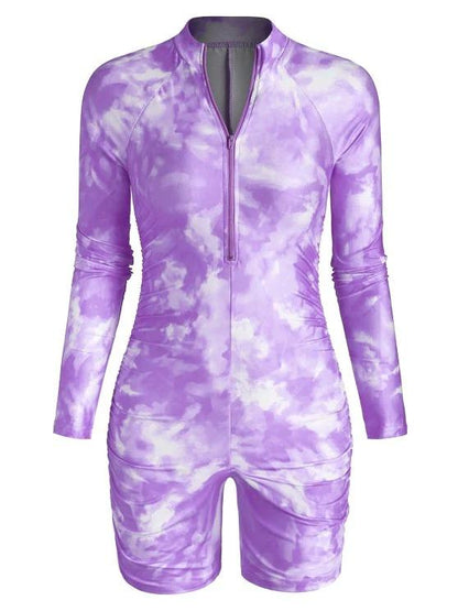 Half Zip Tie Dye Ruched Cycling Romper - LuckyFash™