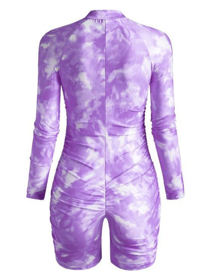 Half Zip Tie Dye Ruched Cycling Romper - LuckyFash™