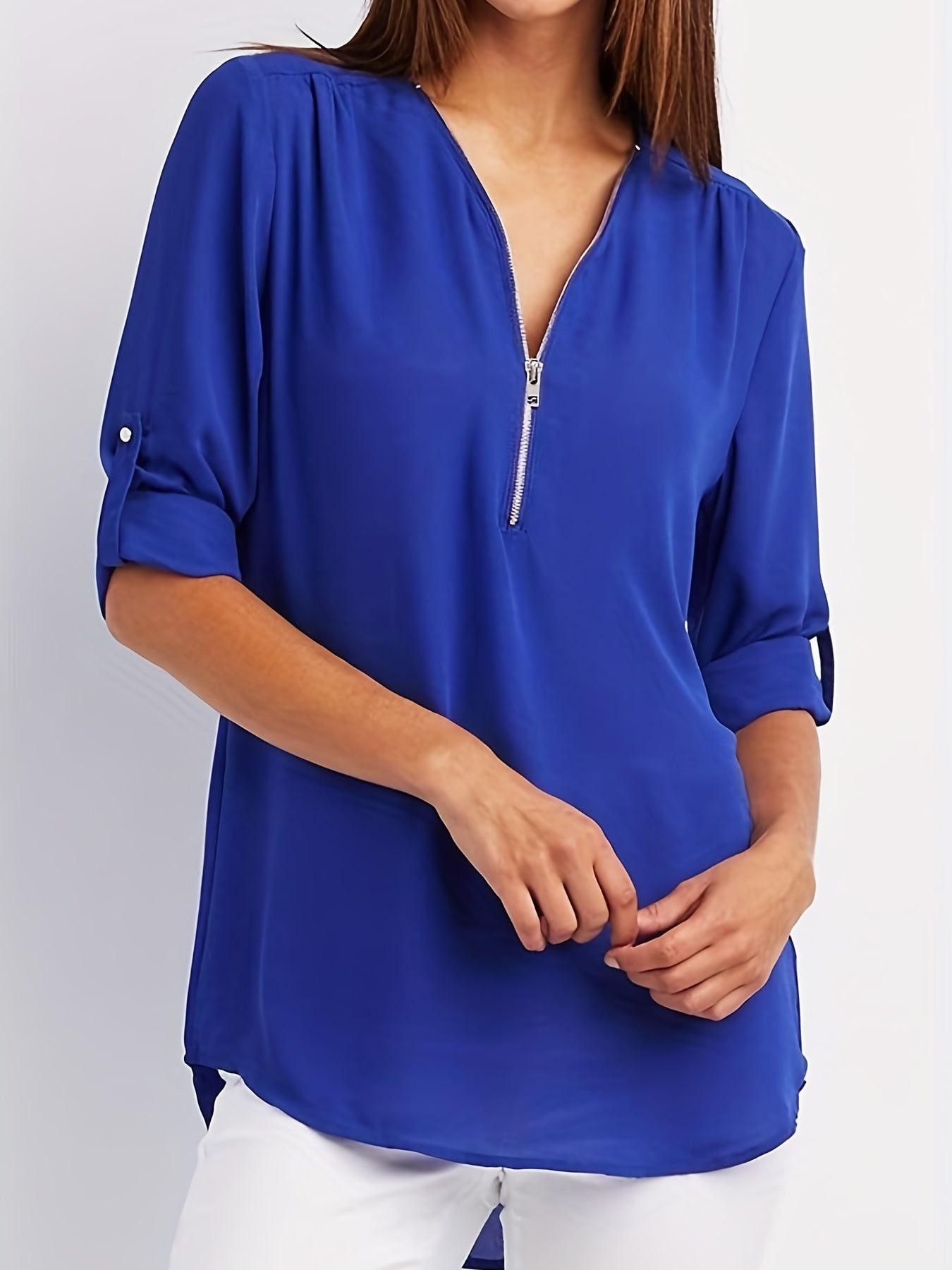 Solid V Neck Blouse, Casual Ruched Rollable Sleeve Half Zip Blouse, Women's Clothing