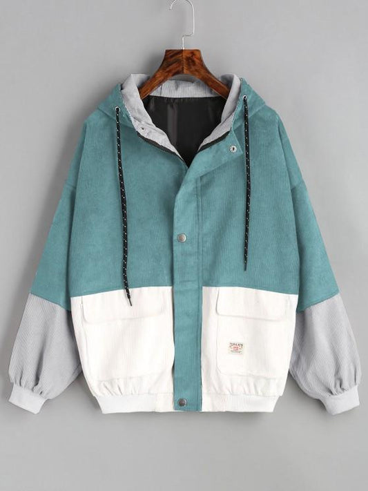 Hooded Color Block Corduroy Jacket - LuckyFash™