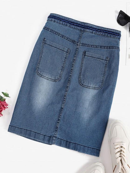 Front Slit Braided Trim Denim Bodycon Skirt - LuckyFash™